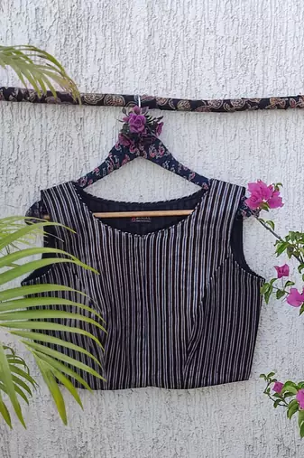 Navy blue authentic ajrakh handblock printed sleeveless silk blend blouse