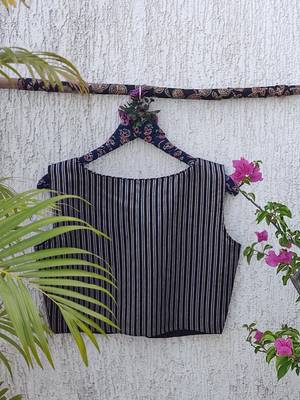 Navy blue authentic ajrakh handblock printed sleeveless silk blend blouse 4