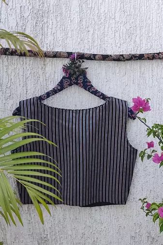 Navy blue authentic ajrakh handblock printed sleeveless silk blend blouse