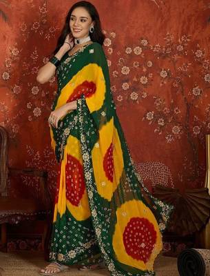 Tie and dye embroidered pure georgette fusion bandhani saree 1