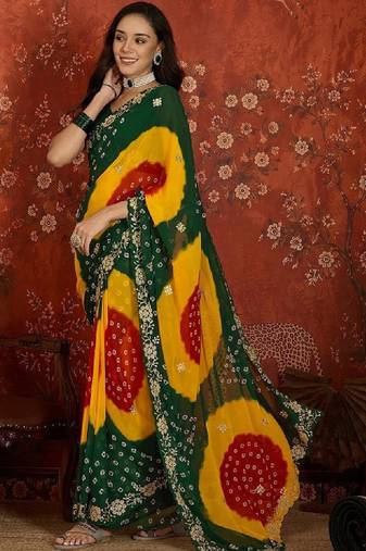Tie and dye embroidered pure georgette fusion bandhani saree