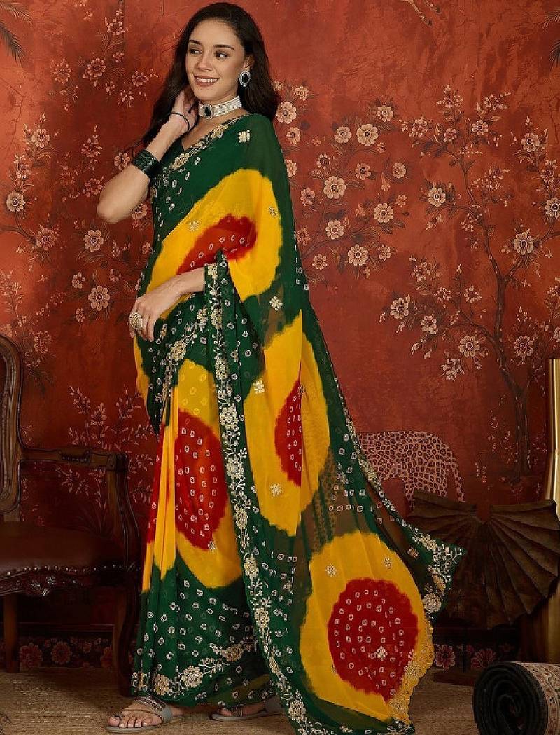 Tie and dye embroidered pure georgette fusion bandhani saree