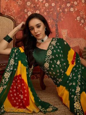 Tie and dye embroidered pure georgette fusion bandhani saree 2