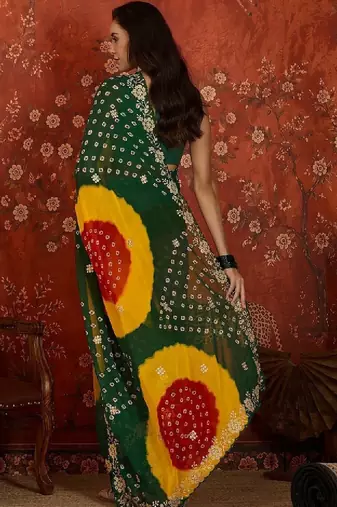Tie and dye embroidered pure georgette fusion bandhani saree