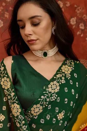 Tie and dye embroidered pure georgette fusion bandhani saree