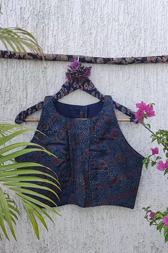 Navy blue authentic ajrakh handblock printed sleeveless silk blend blouse