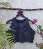 Navy blue authentic ajrakh handblock printed sleeveless silk blend blouse
