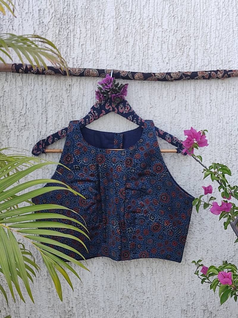 Navy blue authentic ajrakh handblock printed sleeveless silk blend blouse