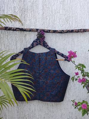 Navy blue authentic ajrakh handblock printed sleeveless silk blend blouse 2
