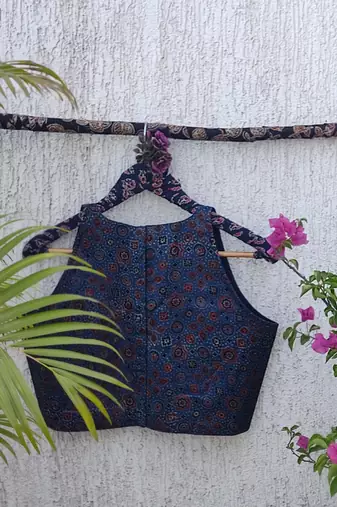 Navy blue authentic ajrakh handblock printed sleeveless silk blend blouse