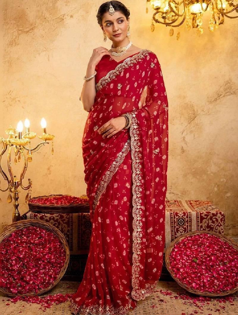 Bandhani embroidered pure georgette fusion bandhani saree
