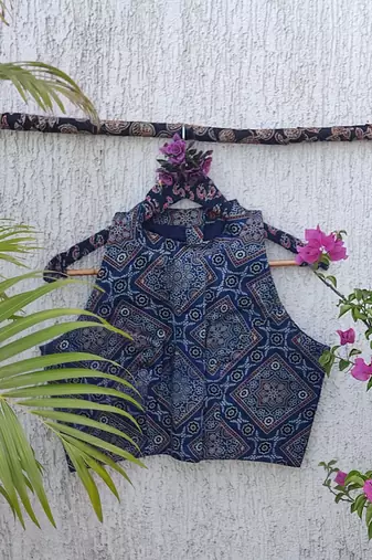 Navy blue authentic ajrakh handblock printed sleeveless silk blend blouse