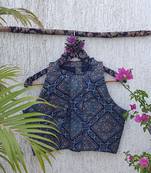 Navy blue authentic ajrakh handblock printed sleeveless silk blend blouse