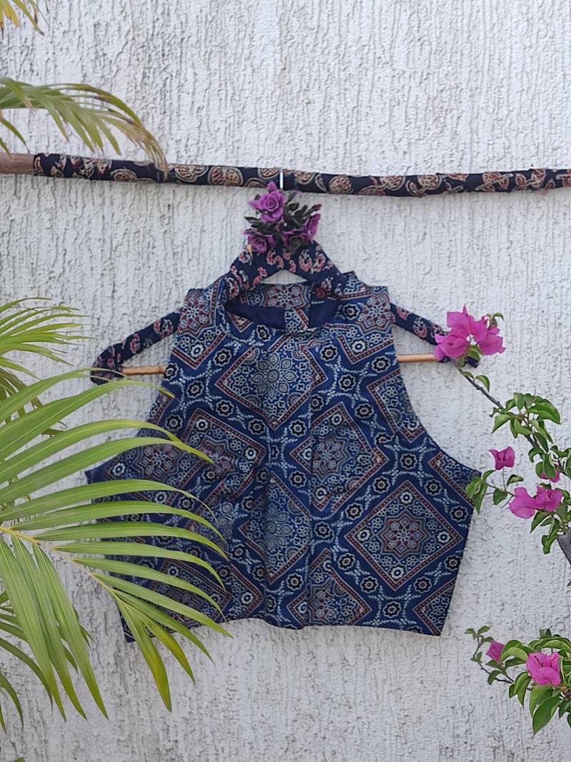 Navy blue authentic ajrakh handblock printed sleeveless silk blend blouse