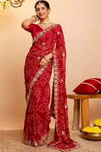 Bandhani embroidered pure georgette fusion bandhani saree