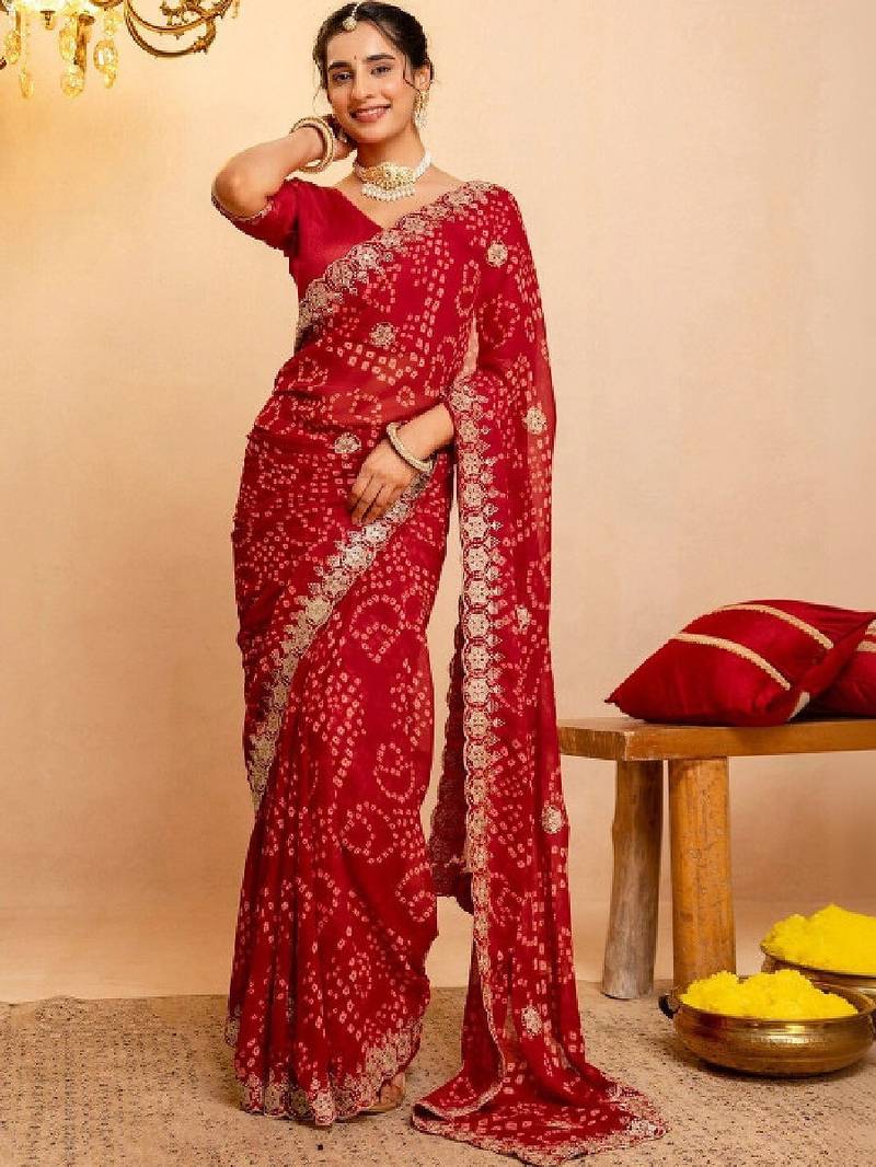Bandhani embroidered pure georgette fusion bandhani saree