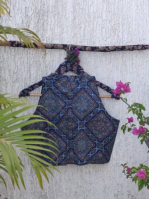 Navy blue authentic ajrakh handblock printed sleeveless silk blend blouse 2