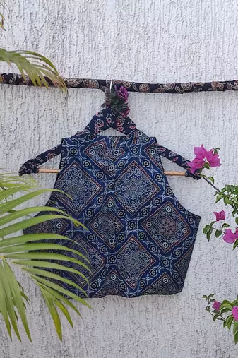 Navy blue authentic ajrakh handblock printed sleeveless silk blend blouse