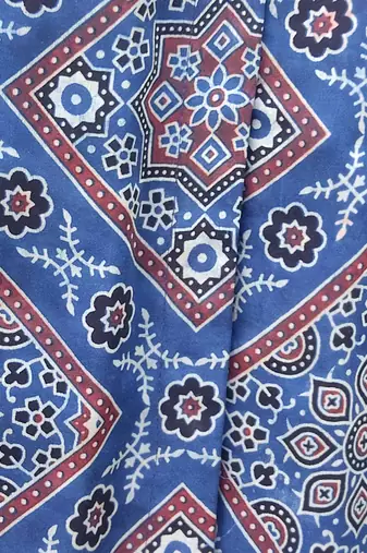 Navy blue authentic ajrakh handblock printed sleeveless silk blend blouse
