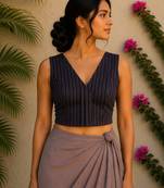 Navy blue authentic ajrakh handblock printed sleeveless silk blend blouse