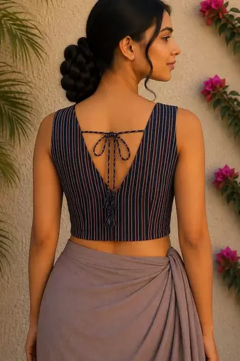 Navy blue authentic ajrakh handblock printed sleeveless silk blend blouse