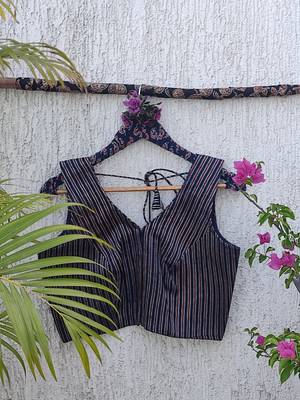 Navy blue authentic ajrakh handblock printed sleeveless silk blend blouse 3