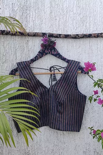 Navy blue authentic ajrakh handblock printed sleeveless silk blend blouse