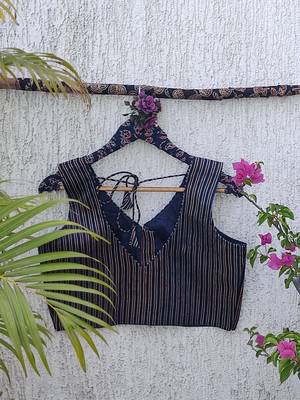 Navy blue authentic ajrakh handblock printed sleeveless silk blend blouse 4