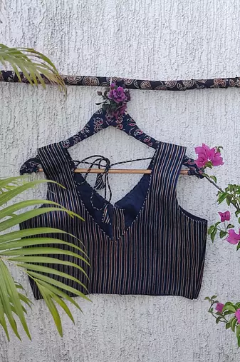 Navy blue authentic ajrakh handblock printed sleeveless silk blend blouse
