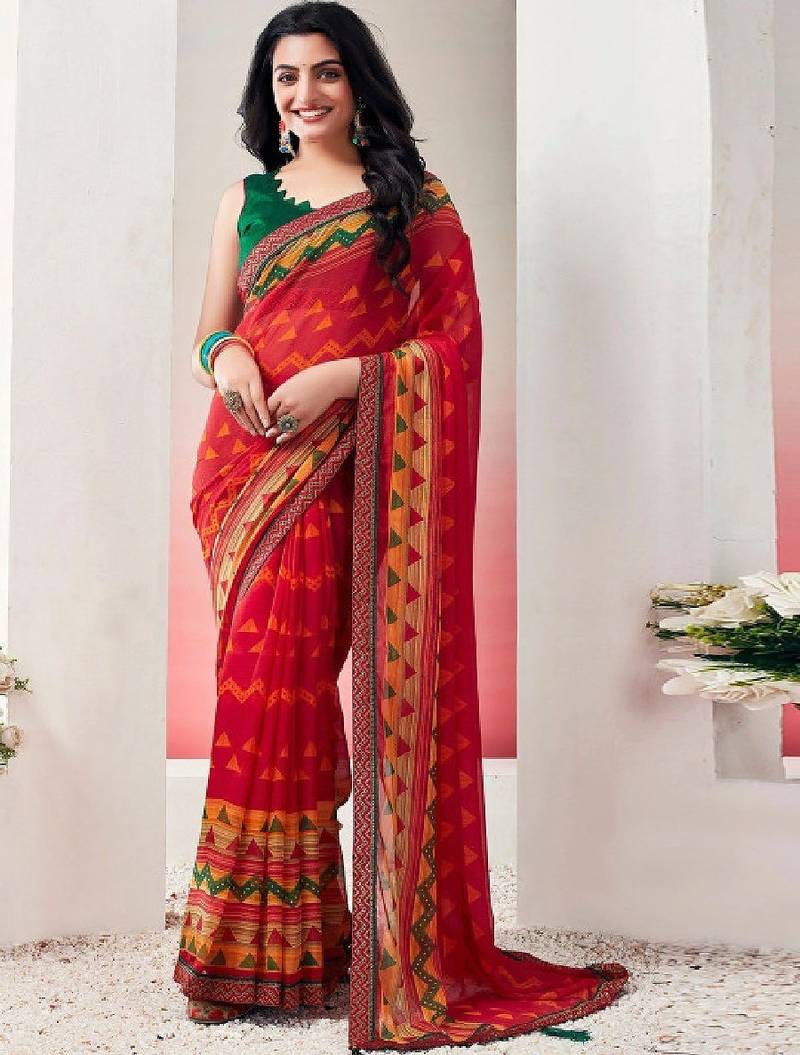 Pure chiffon fusion leheriya saree