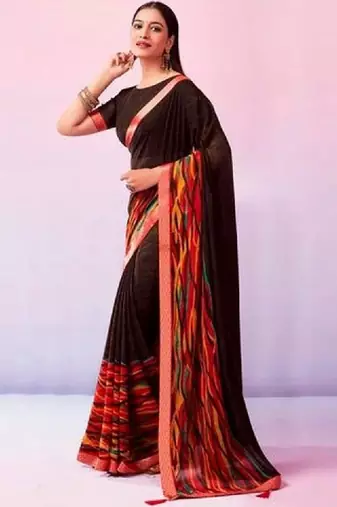 Pure chiffon fusion leheriya saree