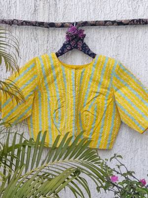 Yellow premium cotton handblock printed blouse 3