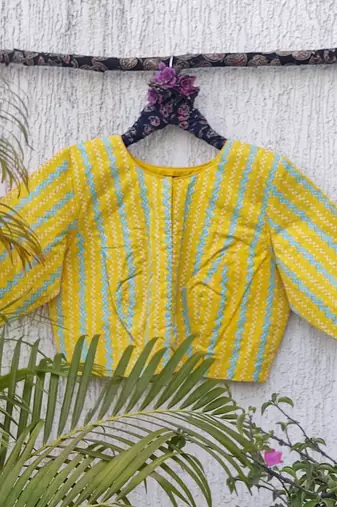 Yellow premium cotton handblock printed blouse