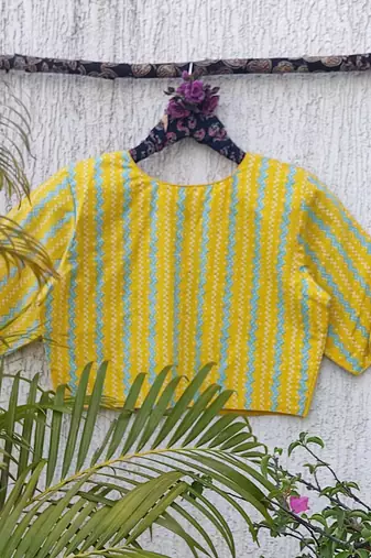 Yellow premium cotton handblock printed blouse