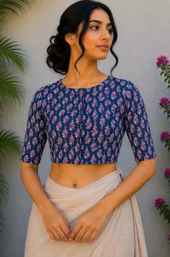 Navy blue premium cotton handblock printed blouse