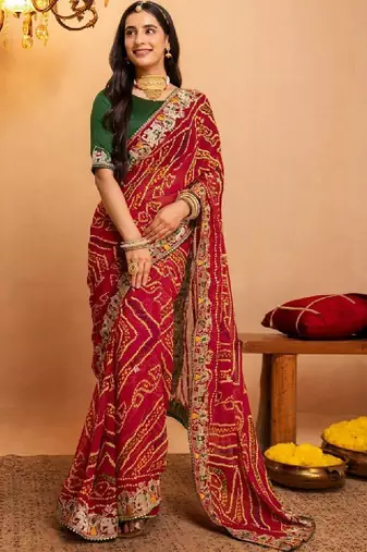 Bandhani embroidered pure georgette fusion bandhani saree