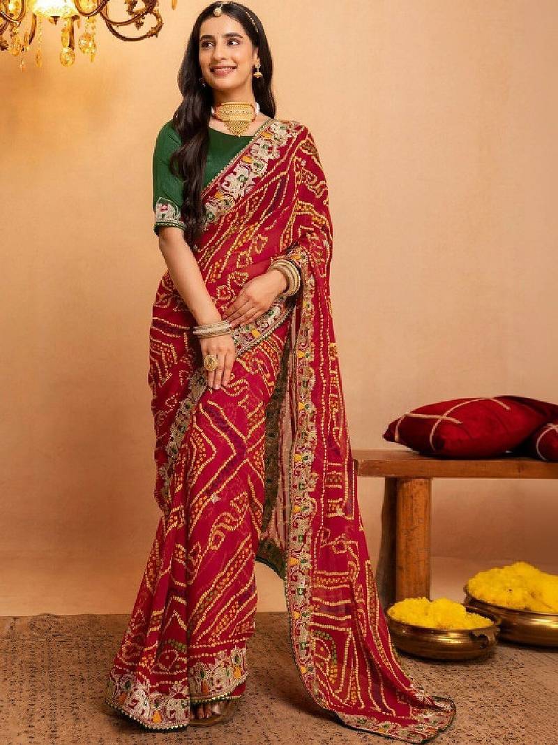 Bandhani embroidered pure georgette fusion bandhani saree