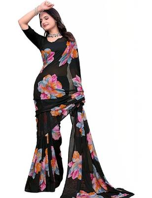 Floral poly georgette bandhani saree 4