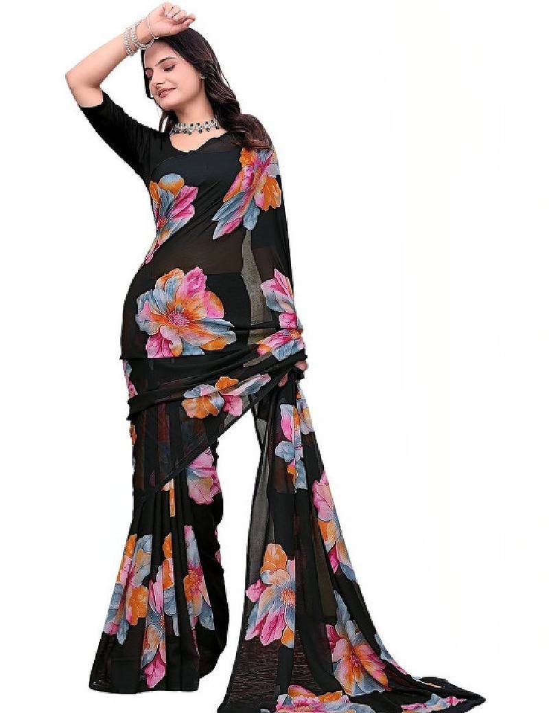 Floral poly georgette bandhani saree
