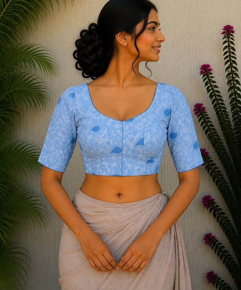 Sky blue premium cotton handblock printed blouse