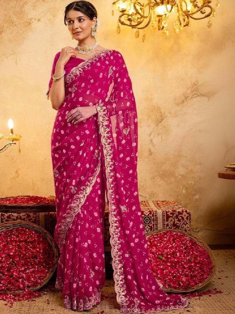 Bandhani embroidered pure georgette fusion bandhani saree