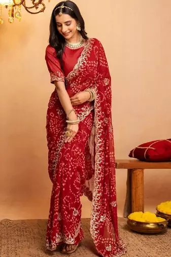Bandhani embroidered pure georgette fusion bandhani saree