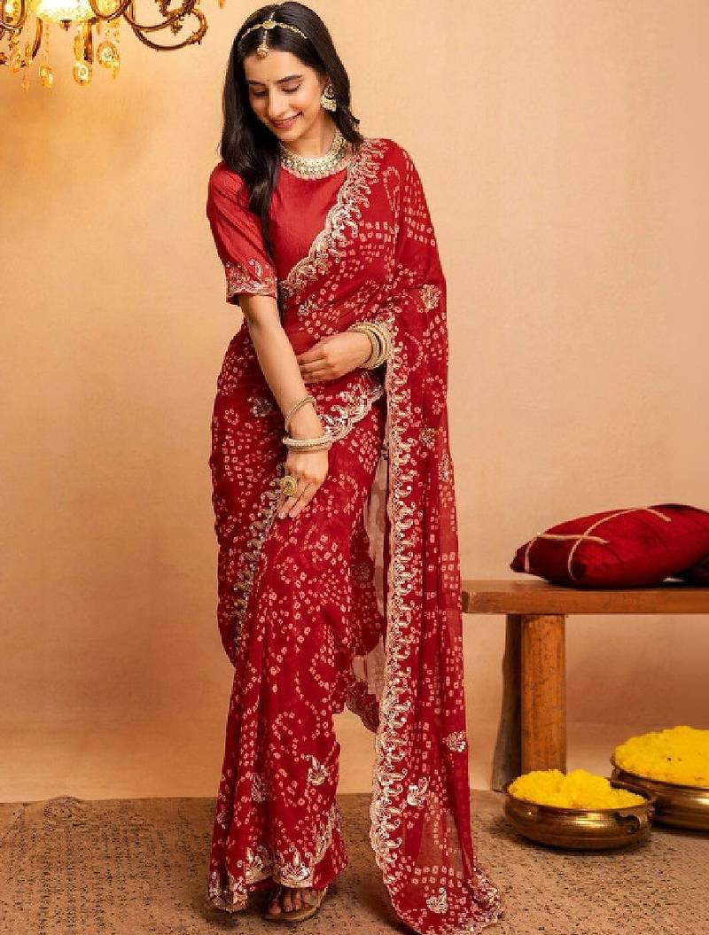 Bandhani embroidered pure georgette fusion bandhani saree