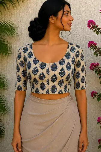 White premium cotton handblock printed blouse
