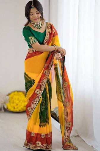 Bandhani embroidered pure georgette fusion bandhani saree