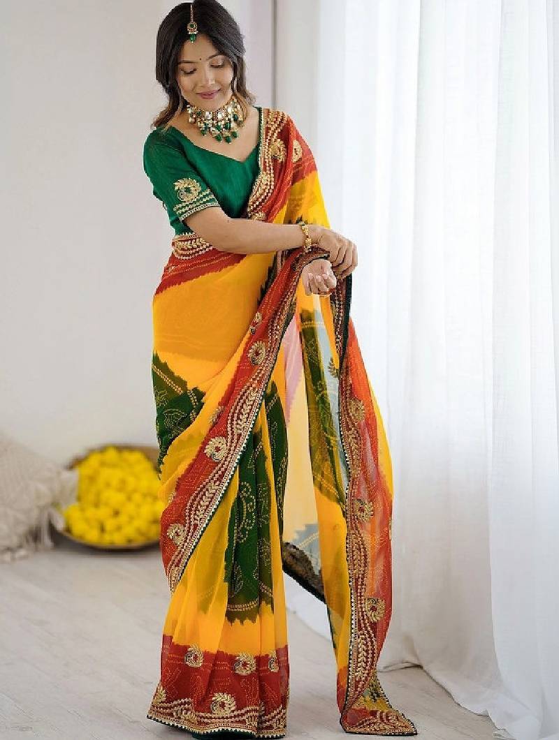 Bandhani embroidered pure georgette fusion bandhani saree