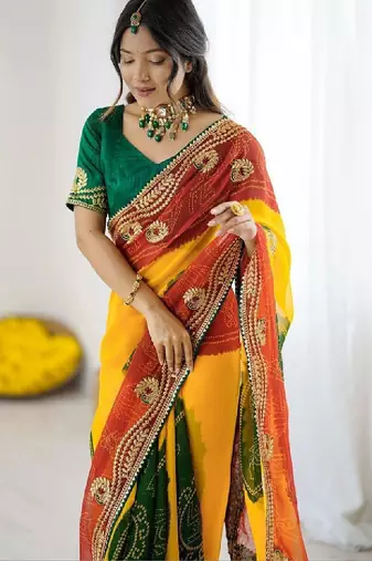 Bandhani embroidered pure georgette fusion bandhani saree