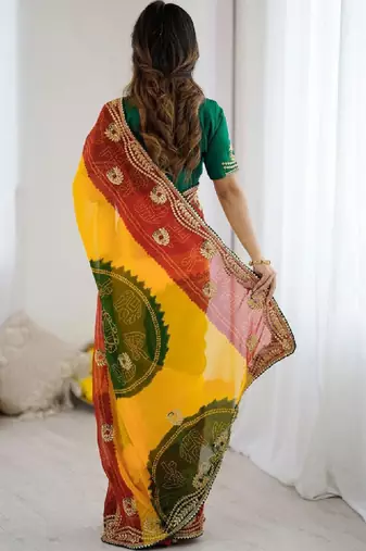 Bandhani embroidered pure georgette fusion bandhani saree