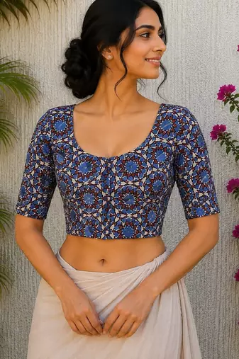 Blue premium cotton handblock printed blouse