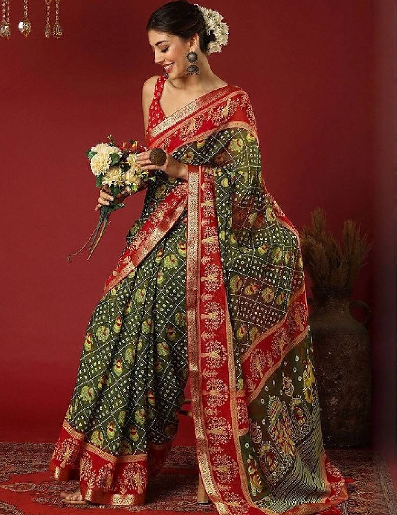 Bandhani zari pure georgette fusion bandhani saree